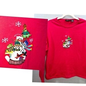 Ladies Club Size XL Christmas Red Long Sleeve Shirt Snowmen Sledding Embroidery